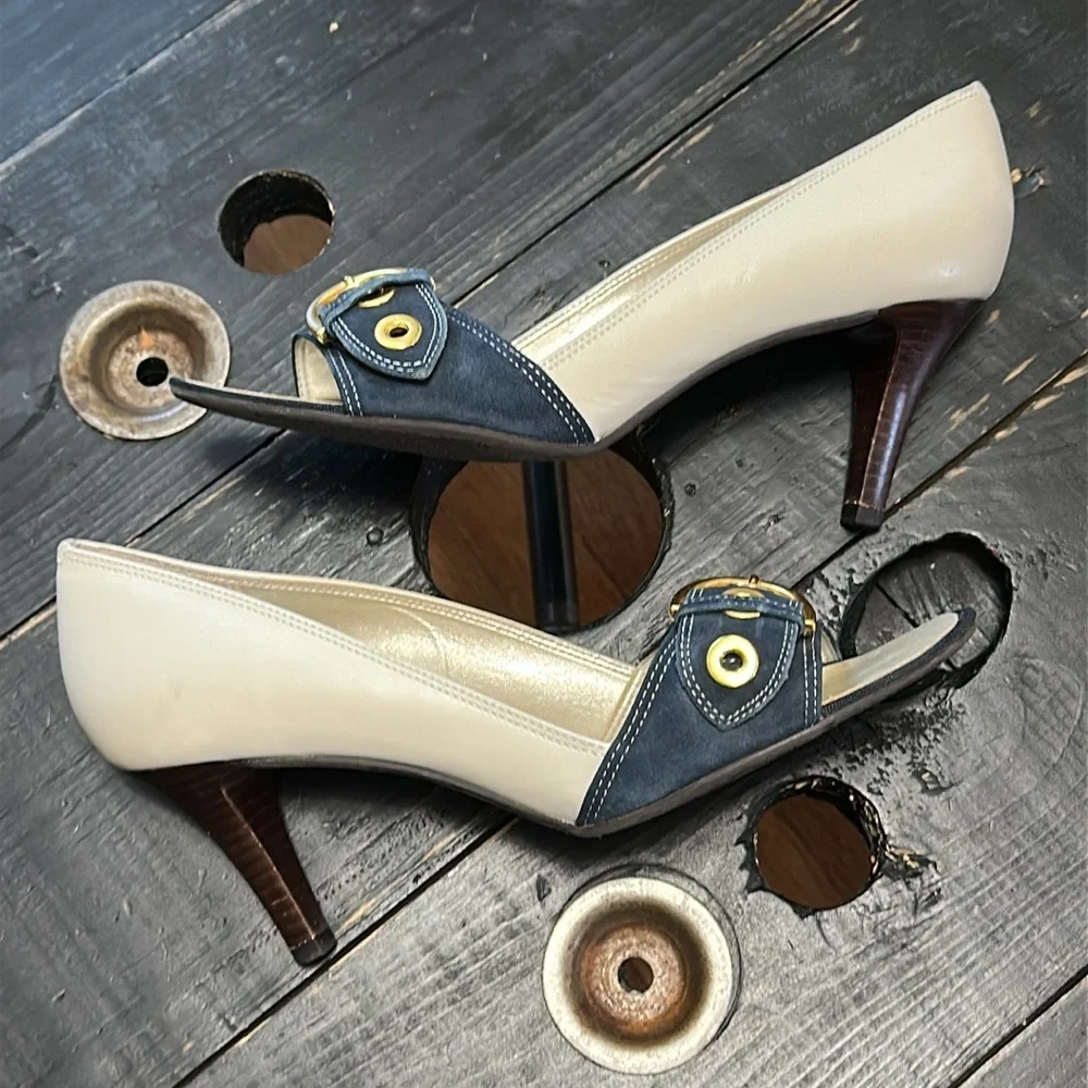 Talbots Navy and Cream Two-Tone Leather and Suede Peep Toe Heels